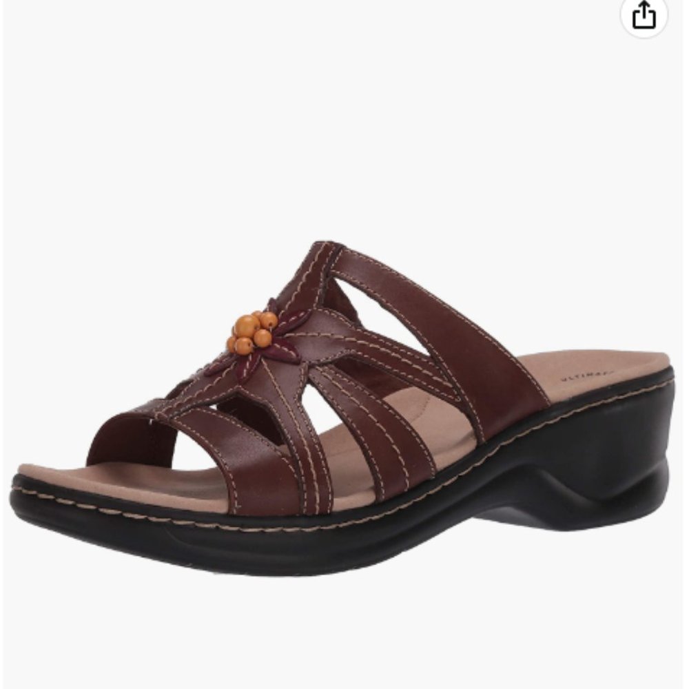 Clarks Collection "Lexi Myrtle" Brown Leather Slides w/ Bead Detail